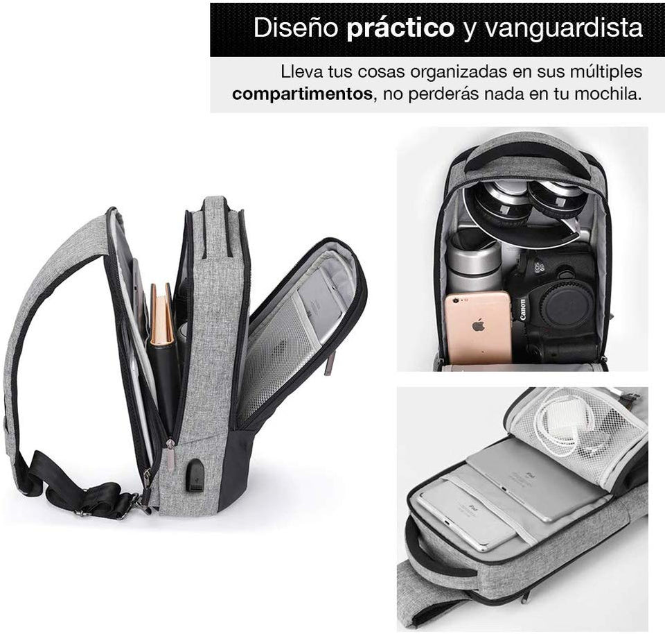 Redlemon Mini Mochila Antirrobo Impermeable con Puerto USB para Power Bank, Espacio para Notebook o Tablet, Múltiples Compartimentos,Casual, Ligera, Cómoda, Multifuncional