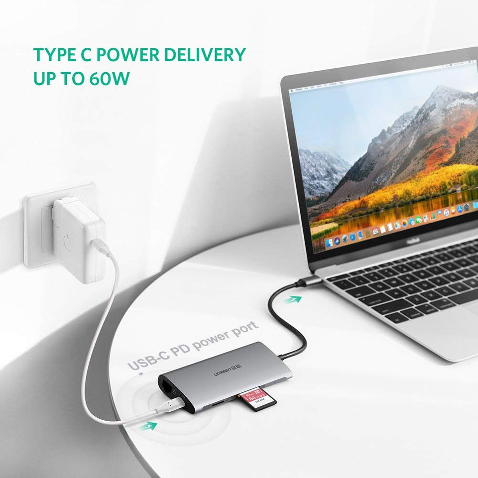 UGREEN Hub USB C 3.1 Adaptador, USB Tipo C a 4K HDMI, RJ45 1000Mbps RJ45, Power Delivery 100W, Lector Tarjeta SD/TF, 3 Puertos USB 3.0 para Macbook Air 2018 Macbook Pro, Dell XPS, Asus Zenbook, Huawei