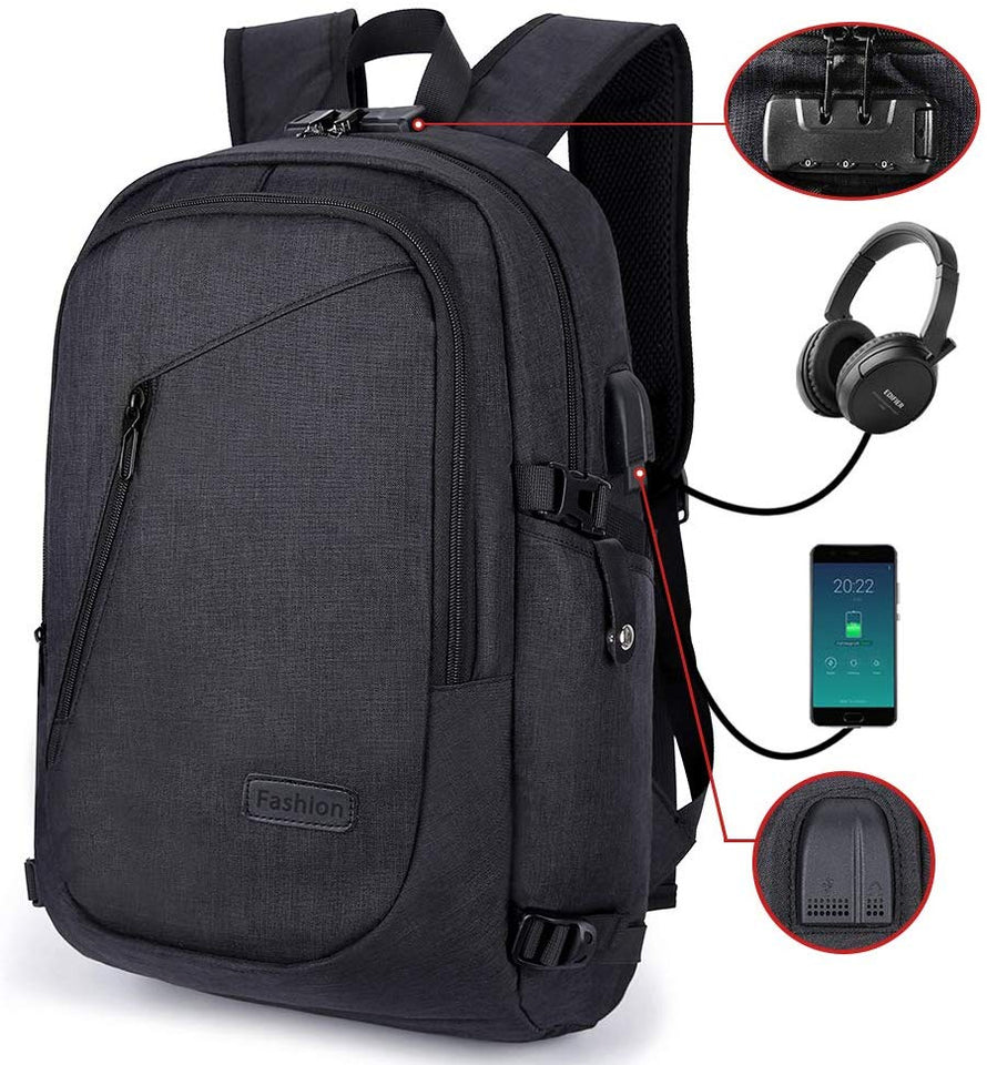 Mochila antirrobo,DOXUNGO Mochila para portátil Unisex con bloqueo con contraseña y puerto de carga USB Interfaz y puerto para audífonos,Mochila Daypack Impermeable hasta 15.6 pulgadas(Negro)