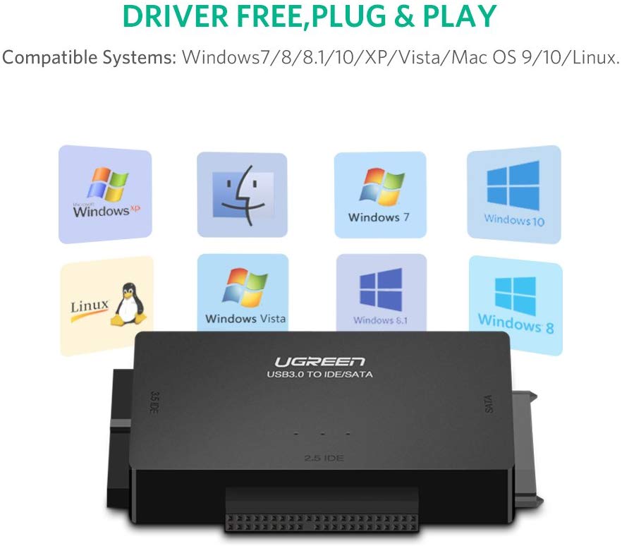 UGREEN Adaptador IDE USB 3.0 a Sata IDE Disco Duro Convertidor Combo para 2.5" 3.5" IDE SATA SSD Disco Duro Discos con 12V 2A Adaptador de Alimentación y USB 3.0 Cable para computadora Portátil