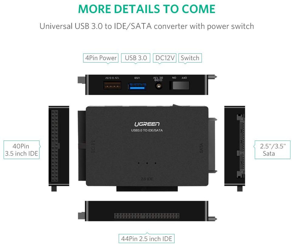 UGREEN Adaptador IDE USB 3.0 a Sata IDE Disco Duro Convertidor Combo para 2.5" 3.5" IDE SATA SSD Disco Duro Discos con 12V 2A Adaptador de Alimentación y USB 3.0 Cable para computadora Portátil