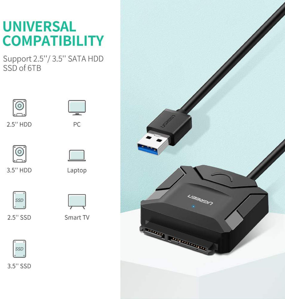 UGREEN USB 3.0 a SATA III Adaptador con UASP Integrado Compatible con Discos Duros HDD SSD de 2.5" y 3.5" con 12V Adaptador de Corriente Incluido (USB 3.0 a SATA con UASP)