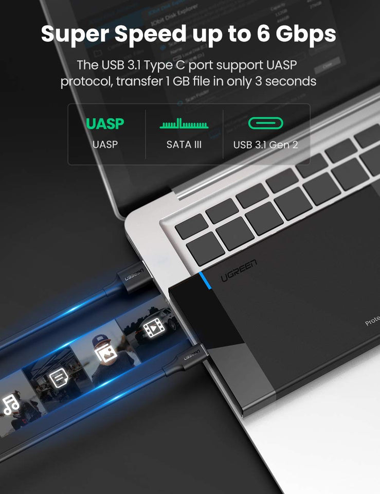 UGREEN Carcasa de Disco Duro, Caja de Disco Duro USB 3.1 Gen 2 Tipo C con UASP Integrado, Compatible con 2.5'' HDD SSD SATA I/II/III de 7mm 9.5mm, PS3/PS4, Xbox, 6TB MAX con 50CM Cable Extraíble