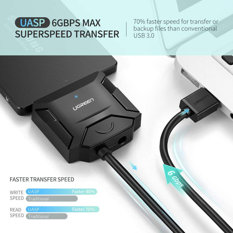 UGREEN USB 3.0 a SATA III Adaptador con UASP Integrado Compatible con Discos Duros HDD SSD de 2.5" y 3.5" con 12V Adaptador de Corriente Incluido (USB 3.0 a SATA con UASP)