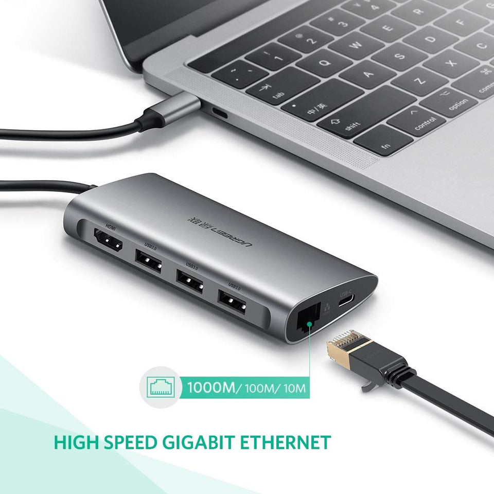 UGREEN Hub USB C 3.1 Adaptador, USB Tipo C a 4K HDMI, RJ45 1000Mbps RJ45, Power Delivery 100W, Lector Tarjeta SD/TF, 3 Puertos USB 3.0 para Macbook Air 2018 Macbook Pro, Dell XPS, Asus Zenbook, Huawei