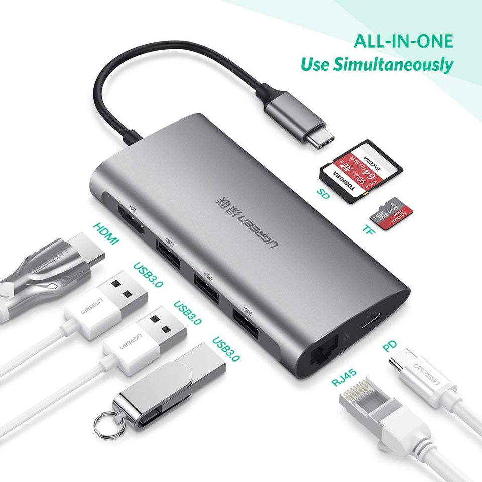 UGREEN Hub USB C 3.1 Adaptador, USB Tipo C a 4K HDMI, RJ45 1000Mbps RJ45, Power Delivery 100W, Lector Tarjeta SD/TF, 3 Puertos USB 3.0 para Macbook Air 2018 Macbook Pro, Dell XPS, Asus Zenbook, Huawei