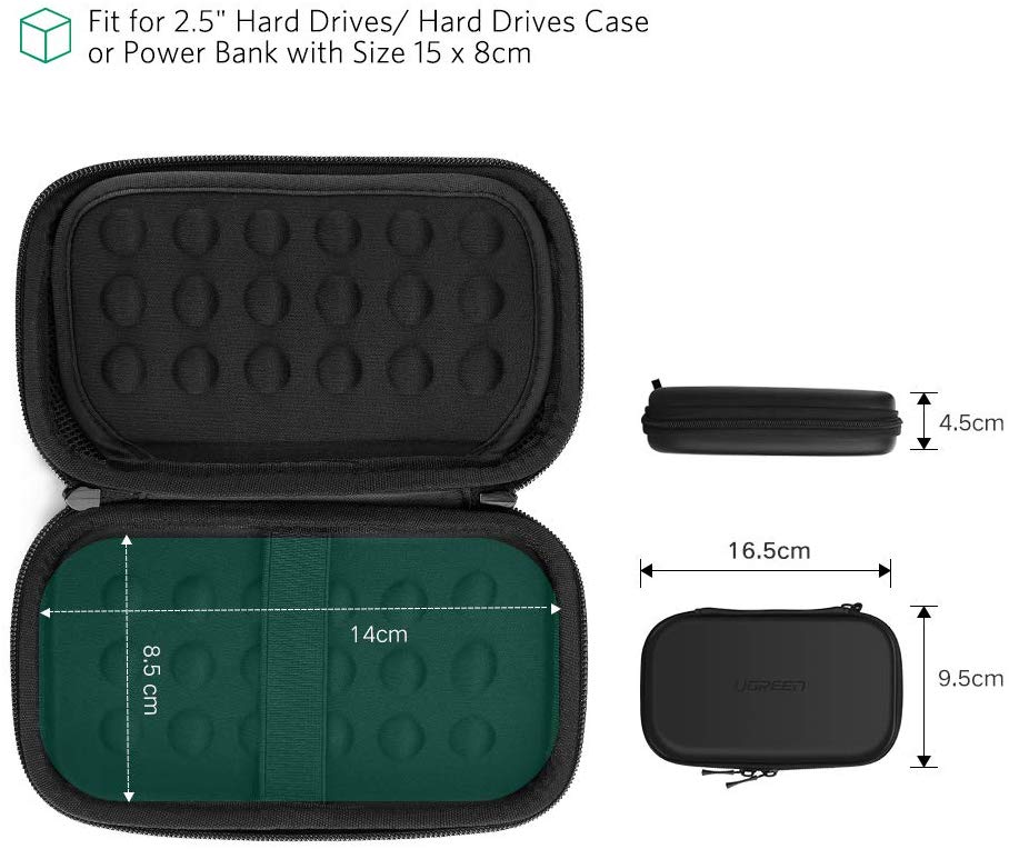 UGREEN Funda de Disco Duro Externo 2.5" Estuche EVA Neopreno con Cierre Cremallera y Bolsillos Compartimentos con Malla, Western Digital, Seagate, Toshiba HD, Cables, Tarjetas SD/TF, Memoria USB
