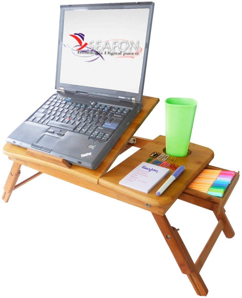 SEAFON Mesa De Bambú Con Ventilador Cooler Para Laptop De 10 - 16 pulgadas