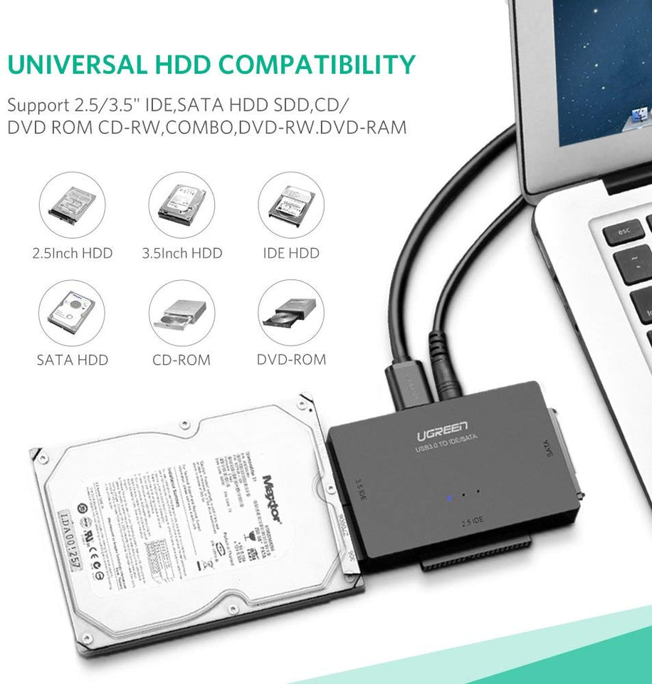 UGREEN Adaptador IDE USB 3.0 a Sata IDE Disco Duro Convertidor Combo para 2.5" 3.5" IDE SATA SSD Disco Duro Discos con 12V 2A Adaptador de Alimentación y USB 3.0 Cable para computadora Portátil