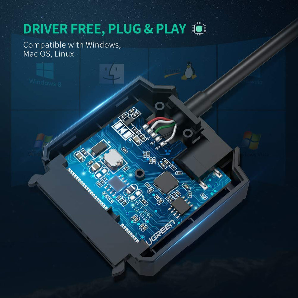 UGREEN USB 3.0 a SATA III Adaptador con UASP Integrado Compatible con Discos Duros HDD SSD de 2.5" y 3.5" con 12V Adaptador de Corriente Incluido (USB 3.0 a SATA con UASP)