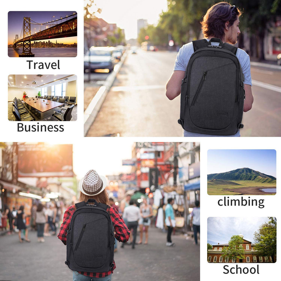 Mochila antirrobo,DOXUNGO Mochila para portátil Unisex con bloqueo con contraseña y puerto de carga USB Interfaz y puerto para audífonos,Mochila Daypack Impermeable hasta 15.6 pulgadas(Negro)