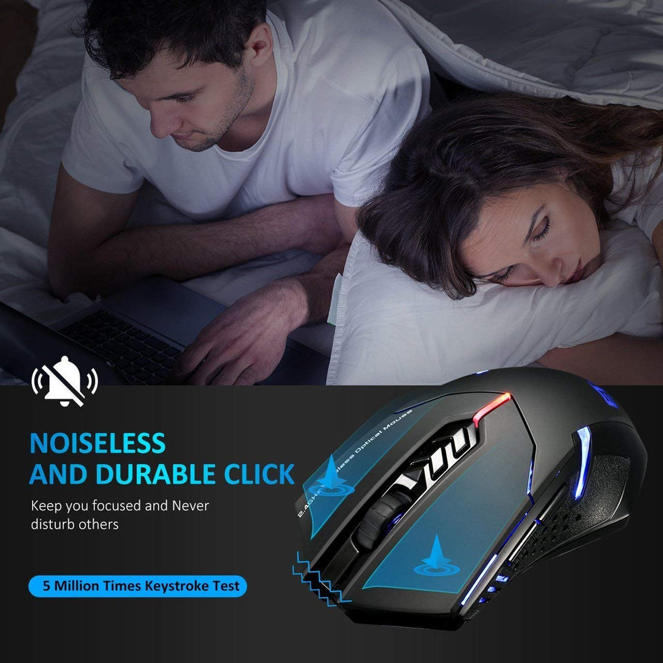 VicTsing Ratón Inalámbrico para Juegos con Exclusivo Clic Silencioso, Respiración Iluminada, 6 botones Programables, 2400 DPI, Puños Ergonómicos, 7 Botones- Negro