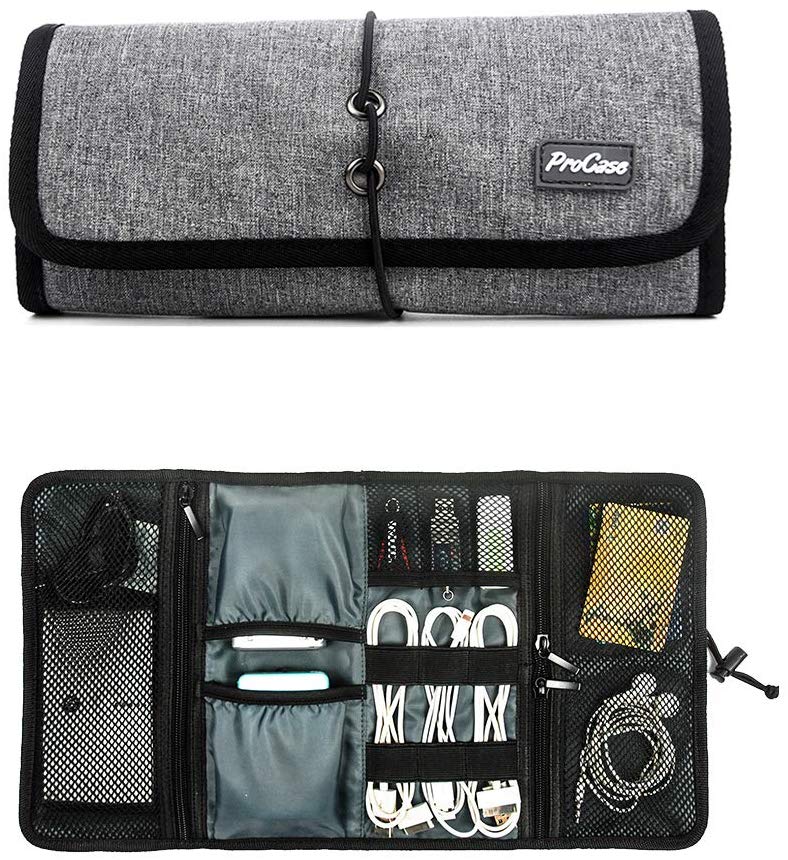 ProCase Organizador de Viaje Enrollable para Accesorios Electrónicos, Bolsa de Transporte de Artilugios, Bolso de Almacenamiento para Cargador/Cables USB/Tarjetas de Memoria SD/Auriculares/Disco Duro -Gris