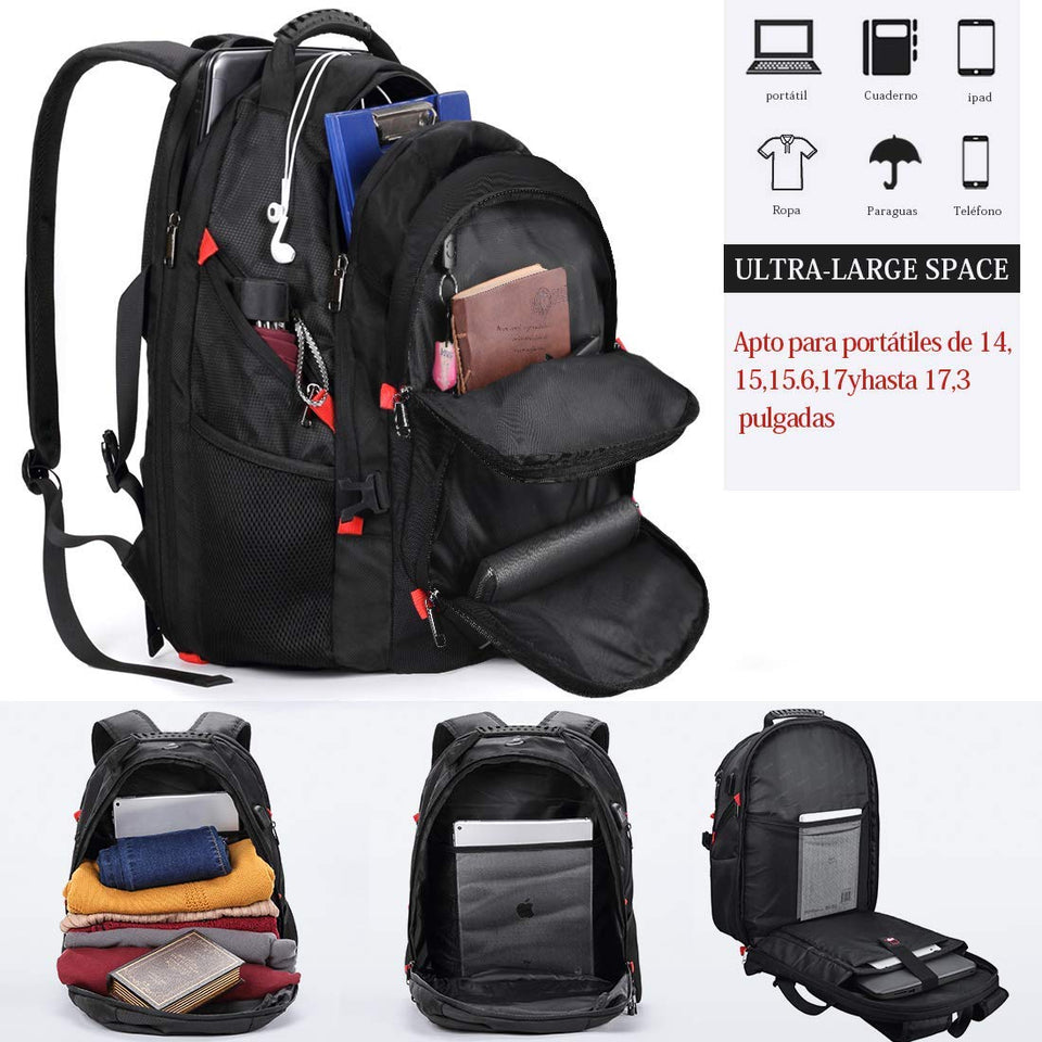Mochila para Portatil Mochila Laptop Impermeable Mochila al Aire Libre Mochila Antirrobo Mochila de Estudiante Universitario de Viaje con Puerto de Carga USB 17 Pulgadas Hombres Mujer Negro
