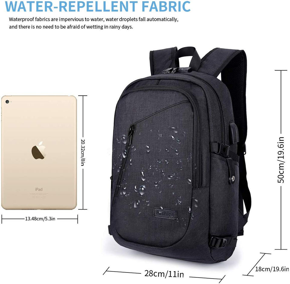 Mochila antirrobo,DOXUNGO Mochila para portátil Unisex con bloqueo con contraseña y puerto de carga USB Interfaz y puerto para audífonos,Mochila Daypack Impermeable hasta 15.6 pulgadas(Negro)