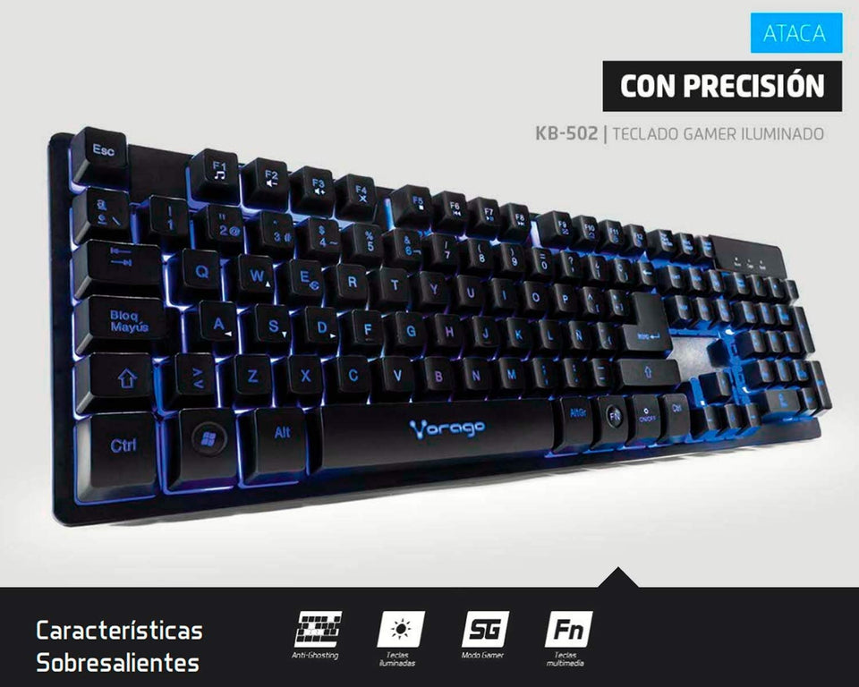 Vorago Keyboard502 Teclado Start The Game Alámbrico Metálico Multimedia Iluminado RGB USB, color Negro