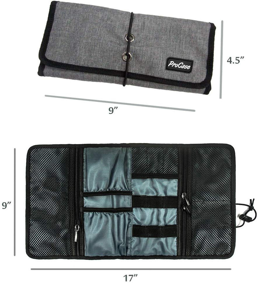 ProCase Organizador de Viaje Enrollable para Accesorios Electrónicos, Bolsa de Transporte de Artilugios, Bolso de Almacenamiento para Cargador/Cables USB/Tarjetas de Memoria SD/Auriculares/Disco Duro -Gris