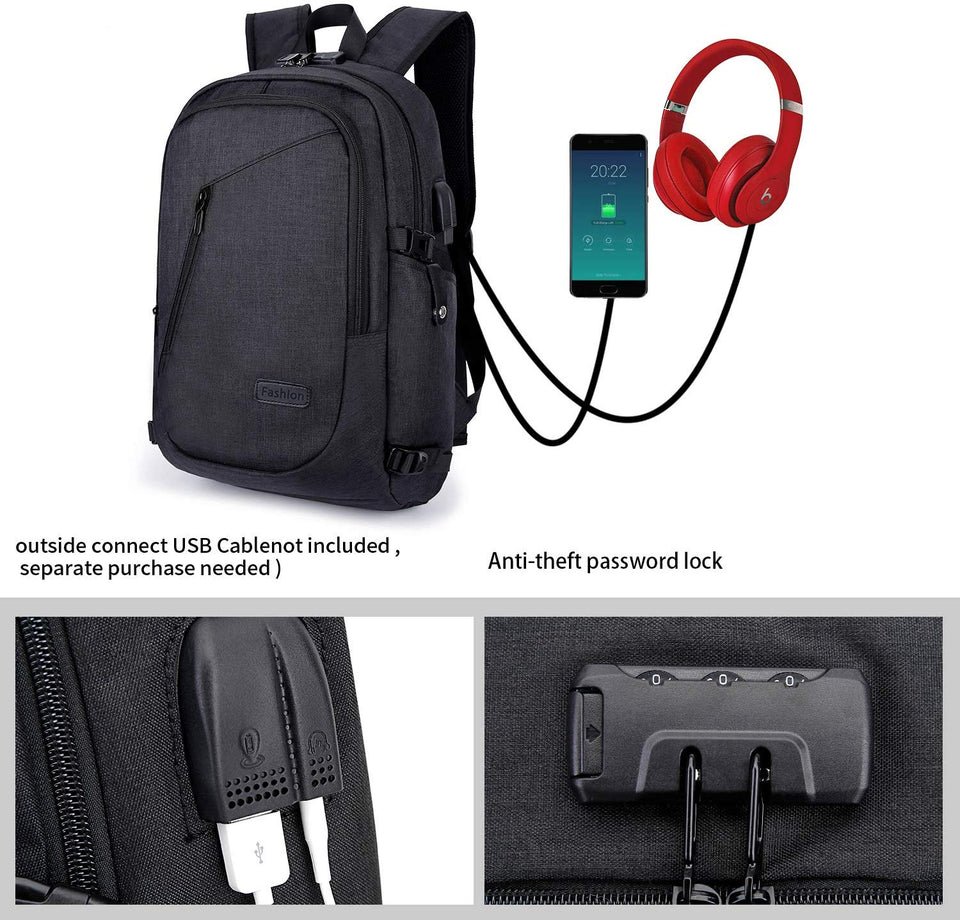 Mochila antirrobo,DOXUNGO Mochila para portátil Unisex con bloqueo con contraseña y puerto de carga USB Interfaz y puerto para audífonos,Mochila Daypack Impermeable hasta 15.6 pulgadas(Negro)