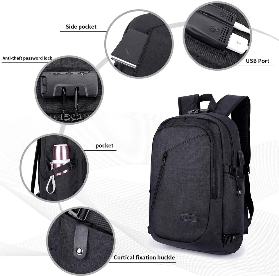 Mochila antirrobo,DOXUNGO Mochila para portátil Unisex con bloqueo con contraseña y puerto de carga USB Interfaz y puerto para audífonos,Mochila Daypack Impermeable hasta 15.6 pulgadas(Negro)